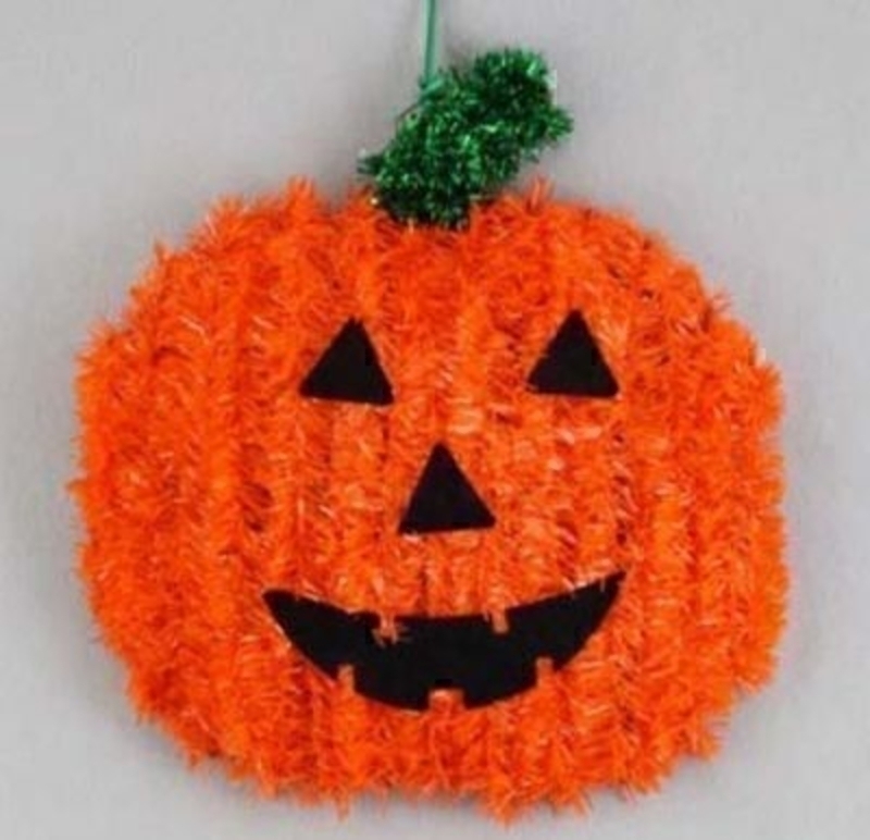 Tinsel Pumpkin Head Halloween Ornament by Gisela Graham. Orange tinsel pumpkin head hanging decoration. Great Halloween Party decoration. Size 26cm
